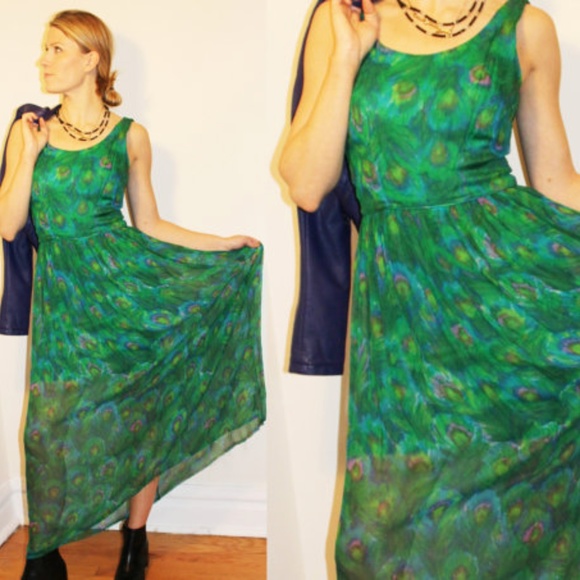 60s Vintage Sheer Chiffon Formal Peacock Gown - Picture 1 of 5